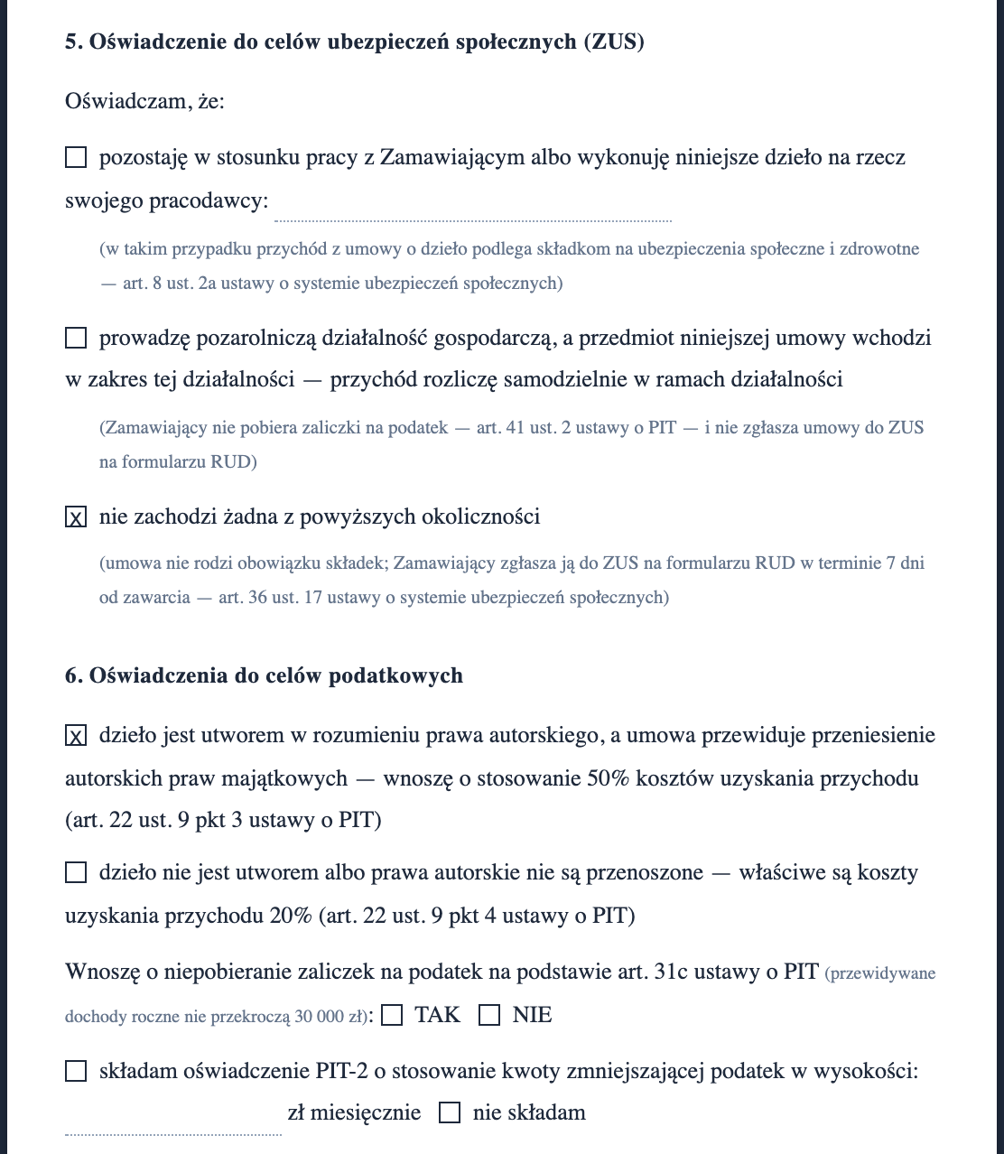 Wygenerowane oświadczenie wykonawcy dzieła — kratki statusu ZUS i oświadczeń podatkowych: 50% koszty autorskie, wniosek z art. 31c, PIT-2
