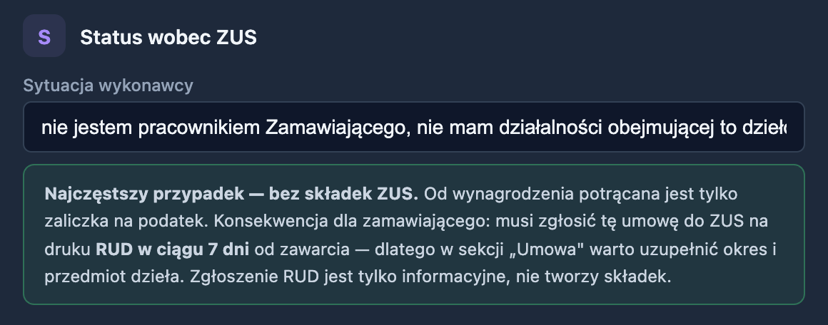 Generator oświadczenia do umowy o dzieło — wybór statusu wykonawcy wobec ZUS z wyjaśnieniem konsekwencji i obowiązku zgłoszenia RUD