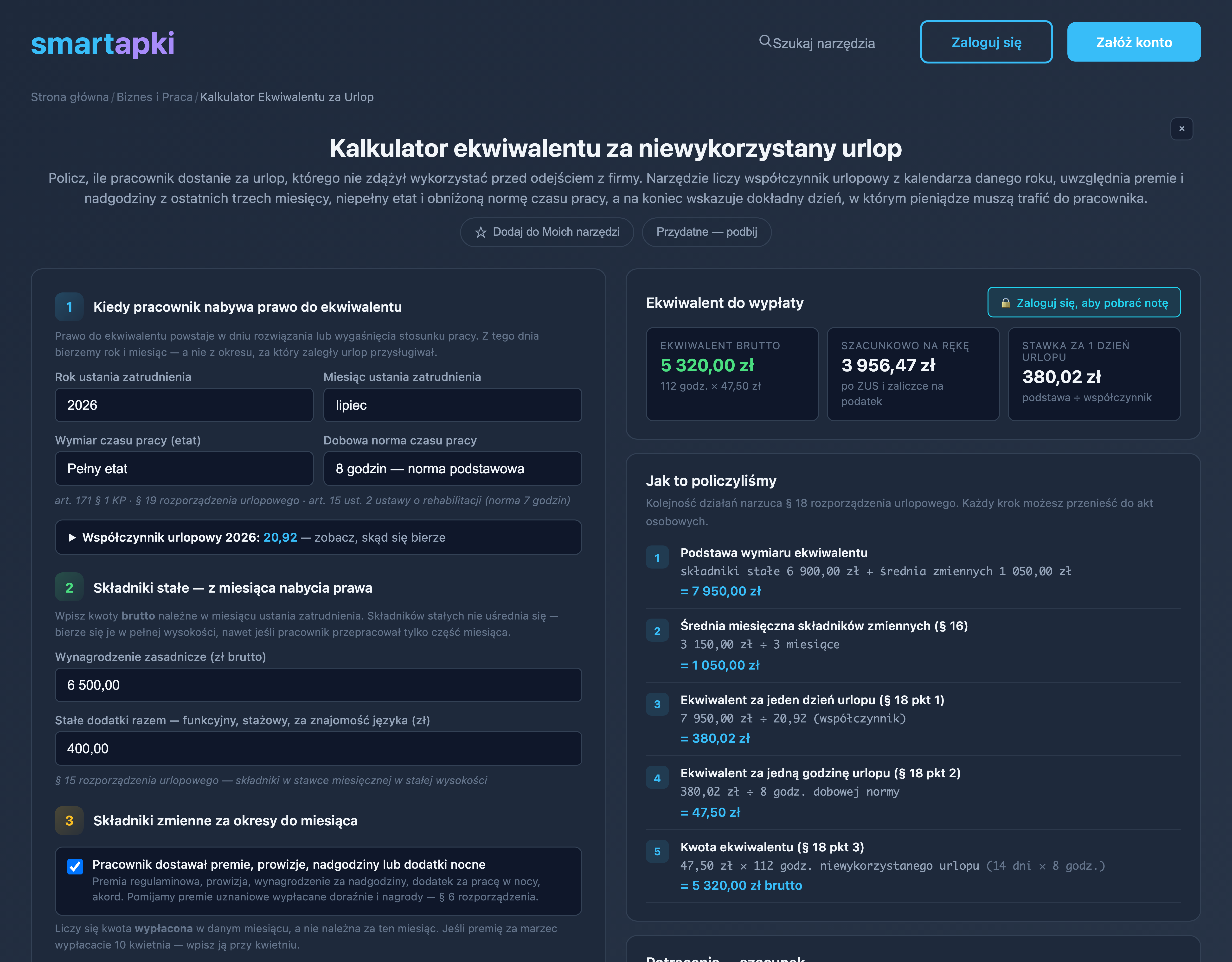 Kalkulator ekwiwalentu za niewykorzystany urlop w smartapki — formularz z wynagrodzeniem zasadniczym i premiami obok wyniku: 5 320,00 zł brutto, 3 956,47 zł netto, współczynnik urlopowy 2026 równy 20,92