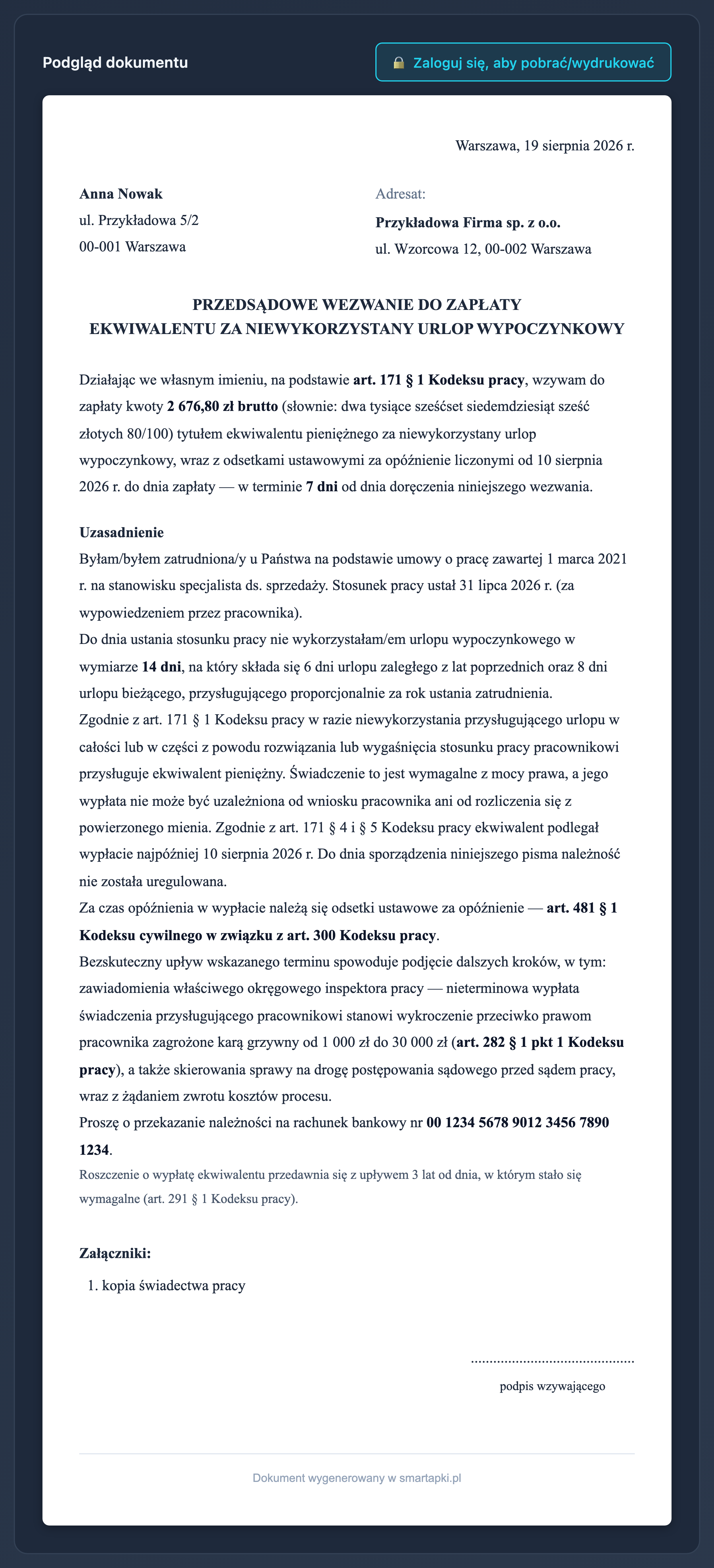 Przedsądowe wezwanie do zapłaty ekwiwalentu za niewykorzystany urlop wygenerowane w smartapki — kwota słownie, odsetki ustawowe za opóźnienie, art. 282 § 1 pkt 1 Kodeksu pracy i termin 7 dni