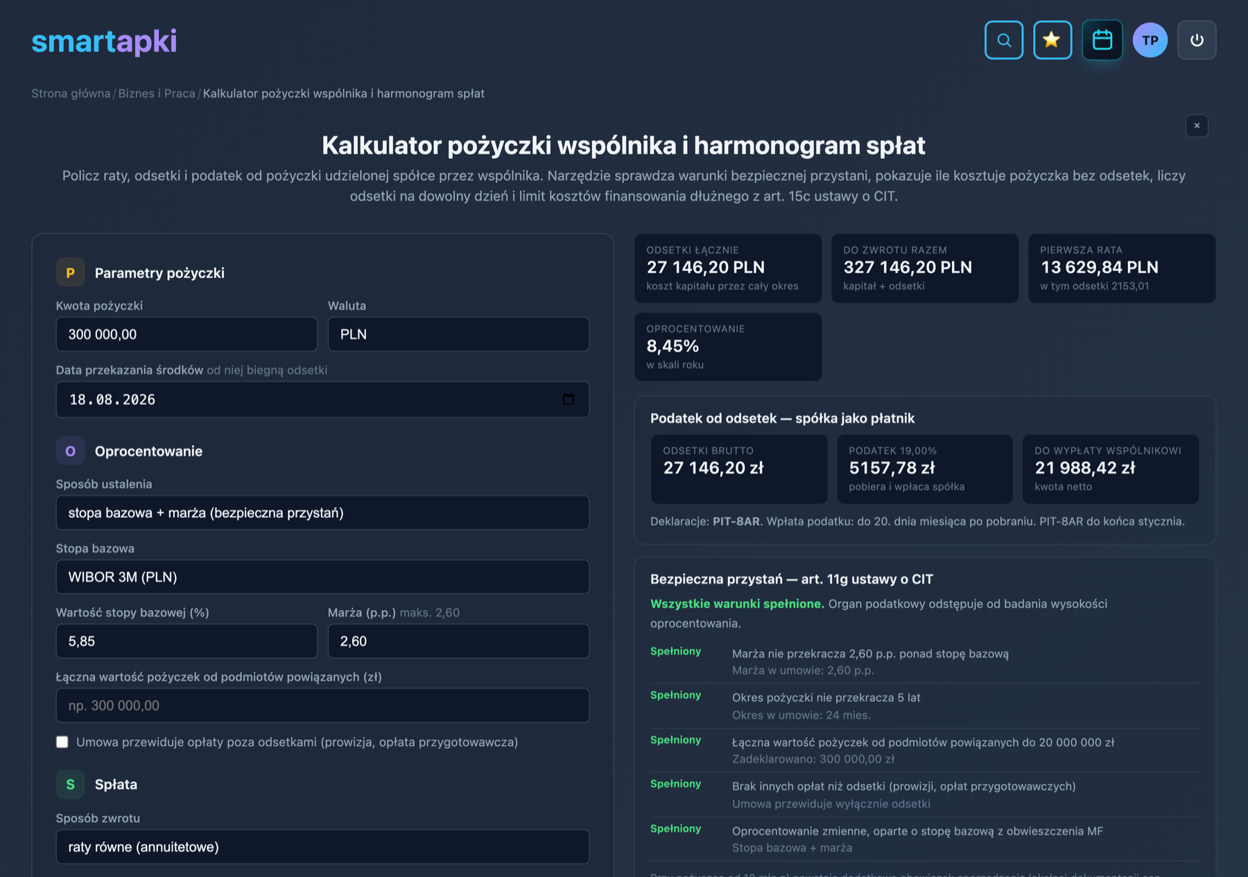 Kalkulator pożyczki wspólnika — raty, odsetki, podatek od odsetek i sprawdzenie warunków bezpiecznej przystani z art. 11g ustawy o CIT
