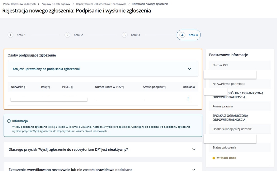 Ekran podpisywania zgłoszenia w RDF — lista osób uprawnionych do podpisu i status podpisu