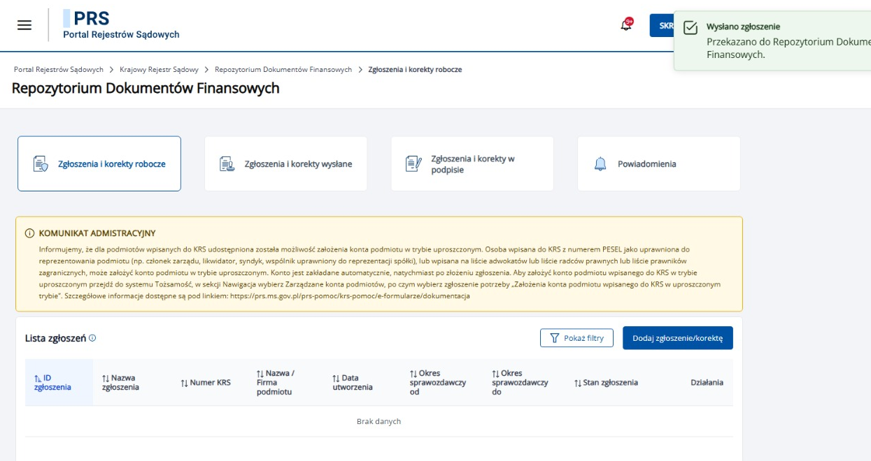 Potwierdzenie wysłania zgłoszenia do Repozytorium Dokumentów Finansowych