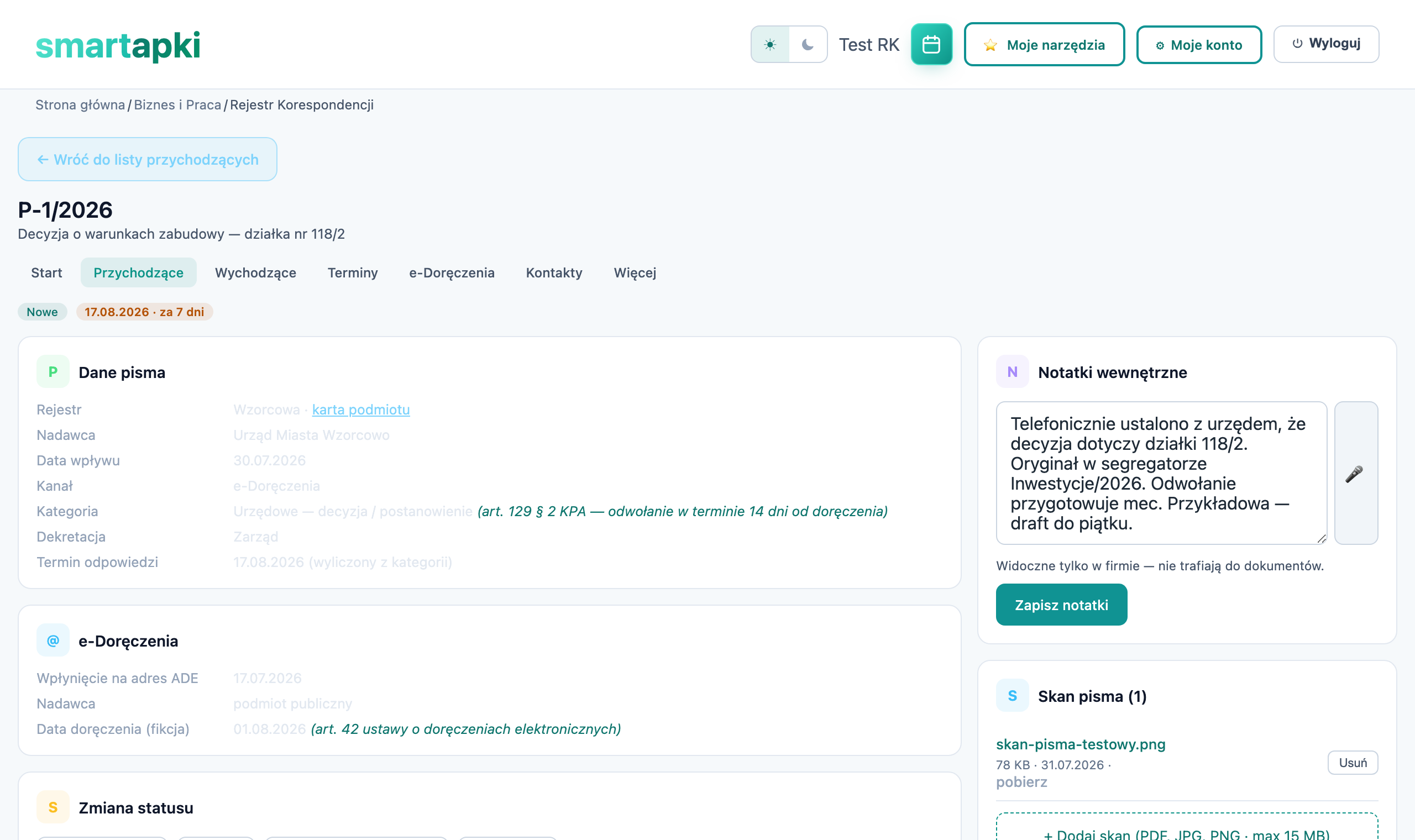 Karta pisma z sekcją e-Doręczenia — data wpłynięcia na ADE, wyliczona fikcja doręczenia i termin odpowiedzi z podstawą prawną