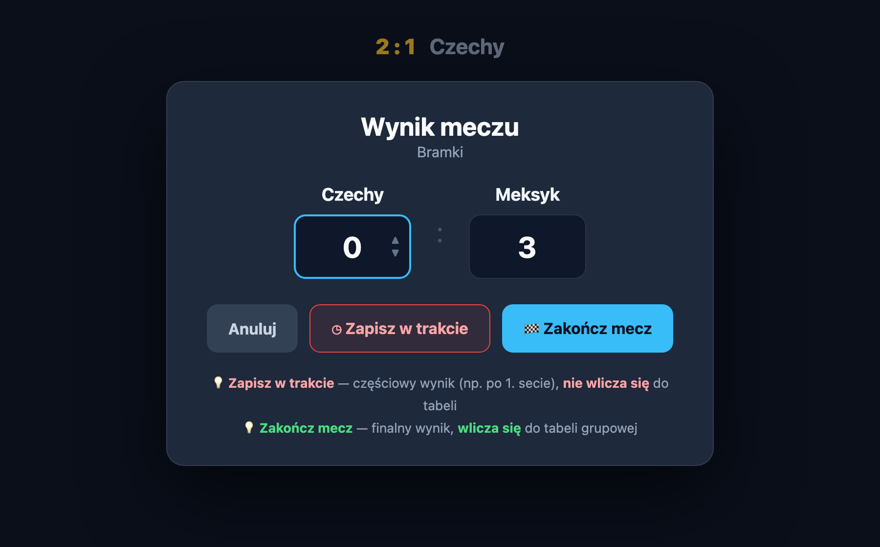Okno wpisywania wyniku meczu — Zapisz w trakcie lub Zakończ mecz